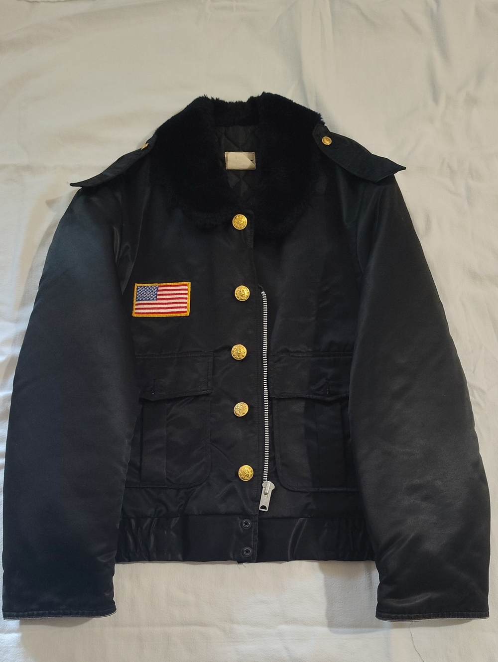 Black Bomber Jacket with Sherpa Collar and American Flag Patch